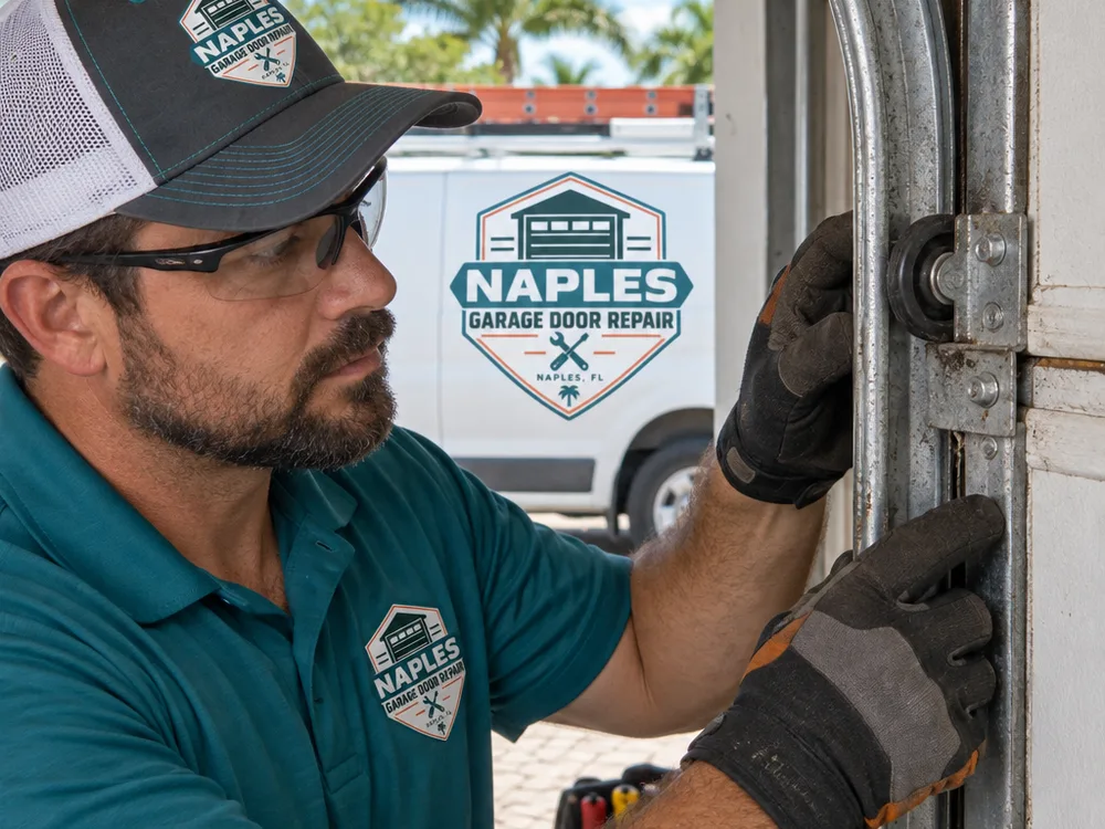 Technician checking garage door roller wear and track alignment