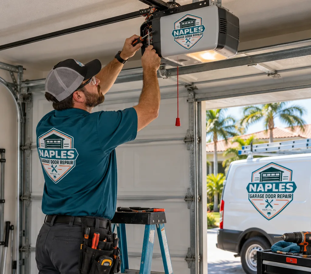 Technician diagnosing a ceiling-mounted garage door opener in a Naples residential garage