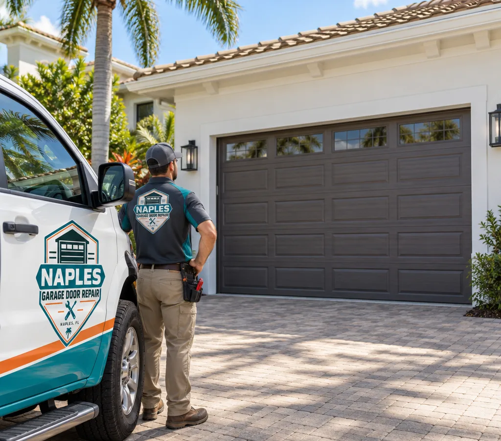 Freshly installed residential sectional garage door on a Naples home with level panels and a tight perimeter seal