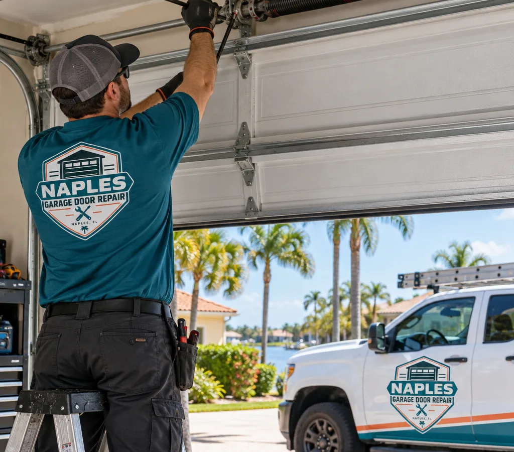 Technician servicing a residential torsion spring assembly in Naples using winding bars and safety gear