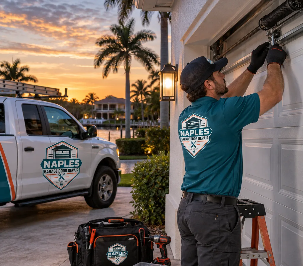Partially open garage door at a Naples home at dusk with technician tools nearby