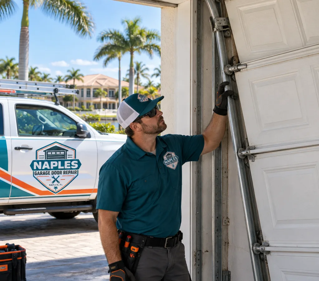 Residential sectional garage door partially off its track while a technician safely stabilizes it
